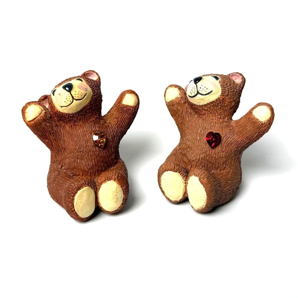 Vintage Teddy Bear Figurines with Rhinestone‎ Heart Embellishments Set of 2